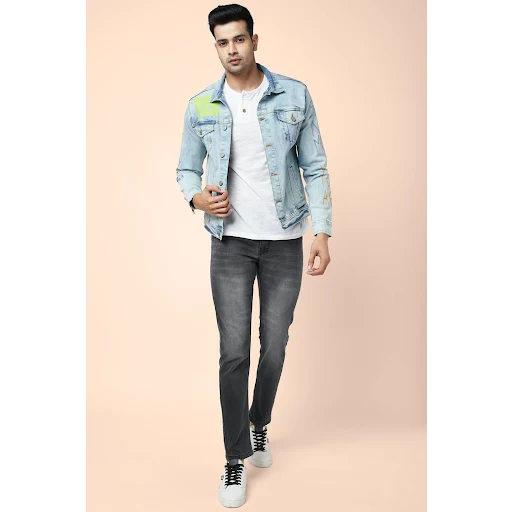 People Medium Blue Printed Casual Full Sleeves Regular Collar Men Regular Fit Jacket